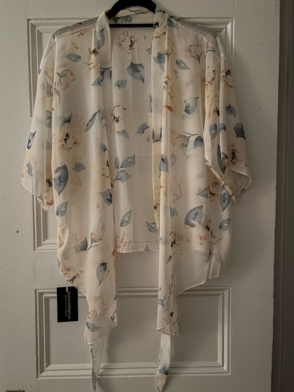 Sheer Cream Floral Kimono Tunic with Blue Leaf Accents